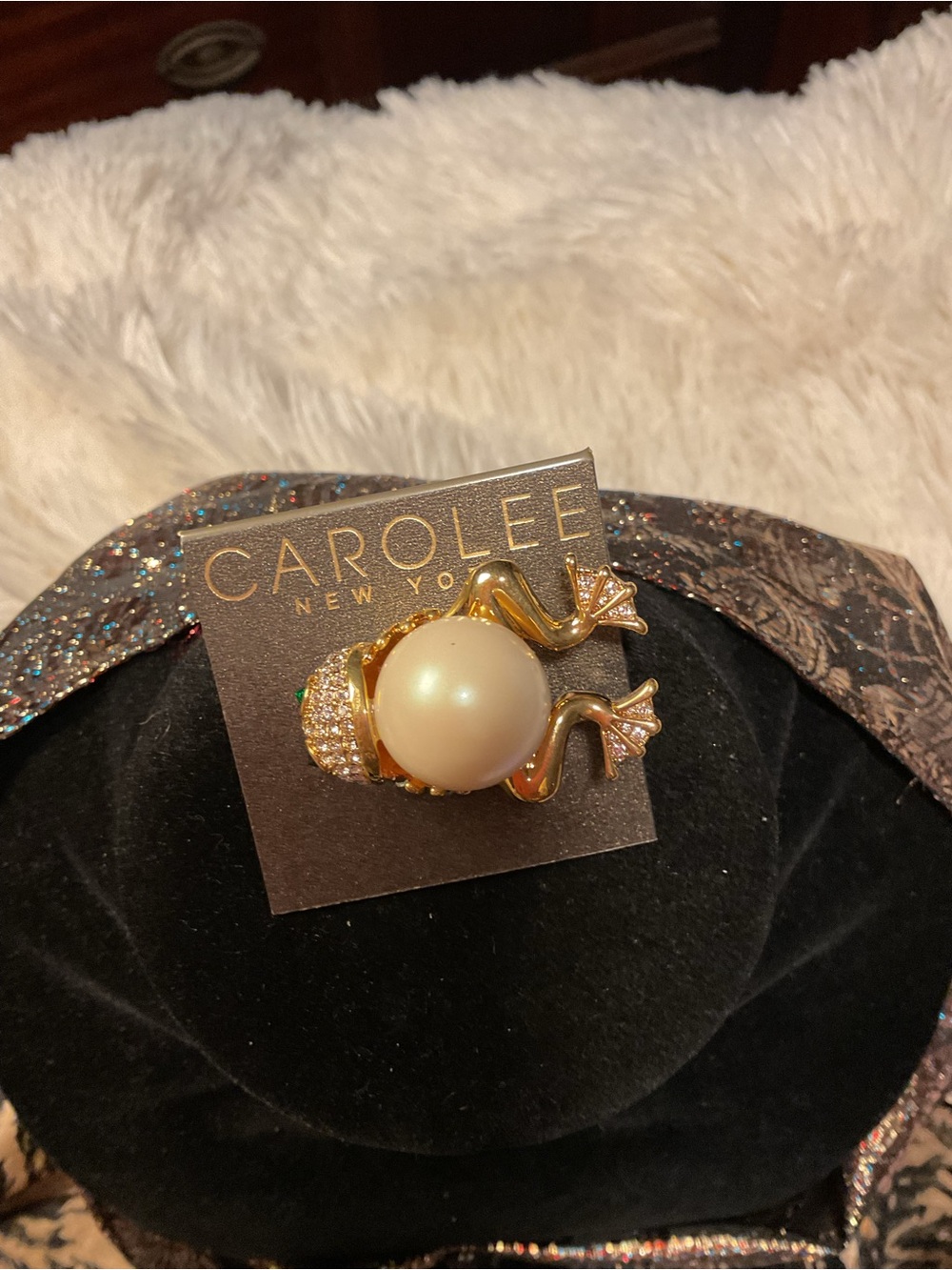 Carolee Gold Frog Pearl Accent Brooch - Ivory Pearl